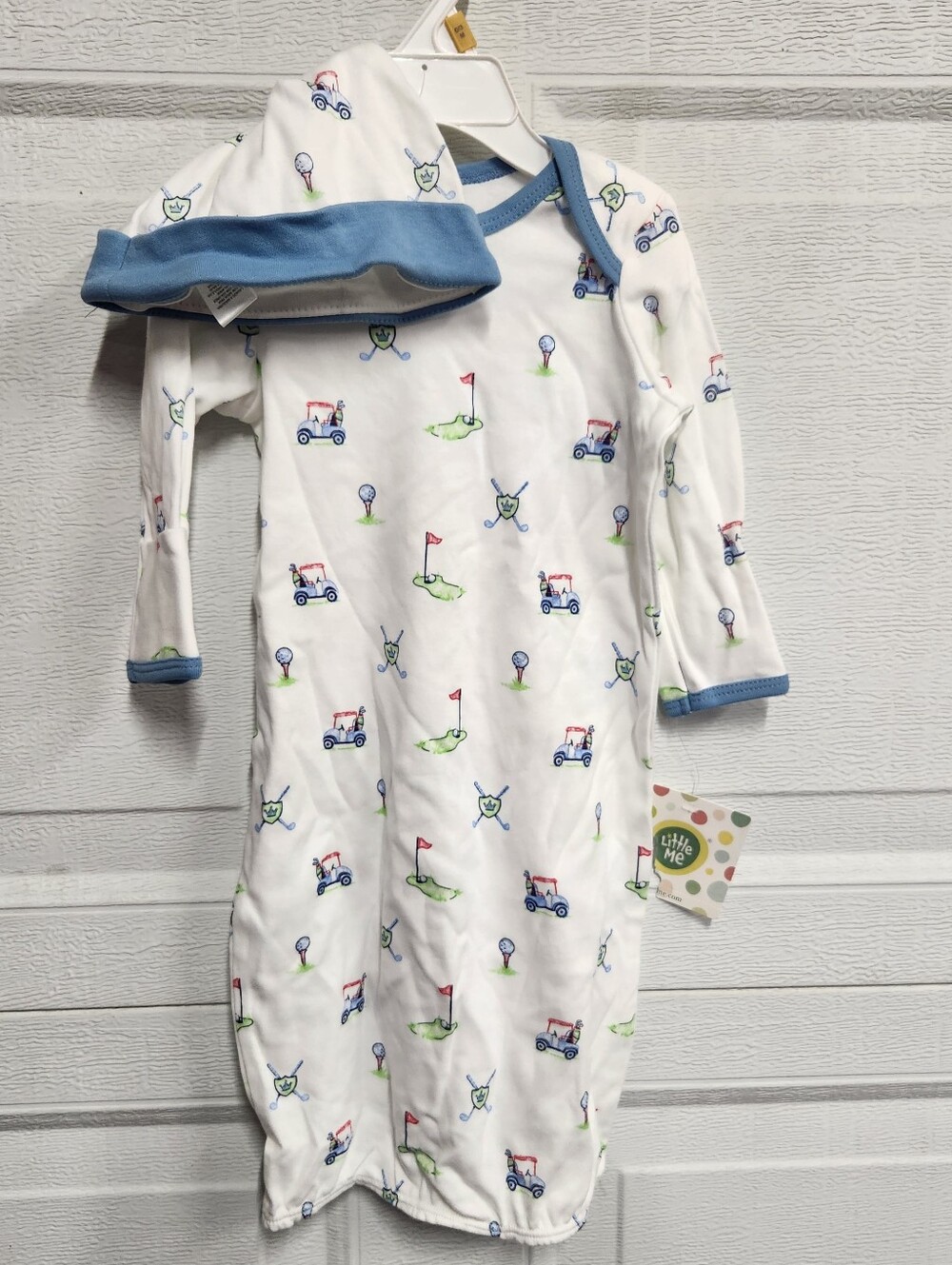 2pc Little Me White & Blue Golf Print Baby Gown and Hat 0-3M